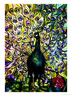 a painting of a peacock with its feathers spread out