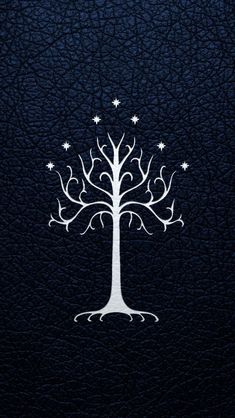 the white tree of gondol on a black leather background with stars in the sky