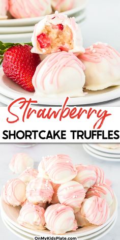 strawberry shortcake truffles on plates with strawberries