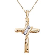 This classic women's cross pendant features three round cut natural diamonds.  All diamonds are prong set in solid 10k yellow gold.  An 18" 10k yellow gold lock chain is included. Cross Neckless, Lock Chain, Yellow Gold Necklace, Three Stone Diamond, Gold Cross Necklace, Gold Cross Pendant, Diamond Cross Pendants, Gold Diamond Necklace, Gold Chain Jewelry