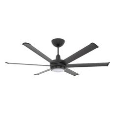 a black ceiling fan with three blades on it's face and two lights on each side