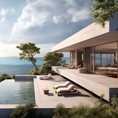 an artist's rendering of a modern house overlooking the ocean with lounge chairs and trees