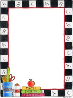 a black and white checkered frame with an apple, pencils, books, and other school supplies