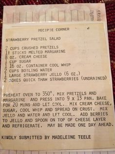 a recipe card for cranberry pretzel salad with instructions on the side