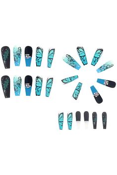 Black Extra long Press on Nails Coffin Fake Nails blue Frosted Tip False Nails with Glow in The Dark big 3D Butterfly and Rhinestones Manicure Acrylic Nails Glue on Nails Decorations for Women 24Pcs Long Press On Nails, Acrylic Nail Kit, Nails Blue, 3d Butterfly, 3d Butterflies, Nails Coffin, Rhinestone Designs, Green Glitter