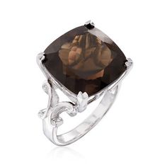 Ross-Simons - 12.00 Carat Smoky Quartz Ring in Sterling Silver. Size 10. A smoldering gem in an intriguing scrollwork setting! This eye-catching ring boasts an ample 12.00 carat cushion-cut smoky quartz, which will add rich, sophisticated color to any look. Set in polished sterling silver. 5/8" wide. Smoky quartz ring. Smokey Topaz Ring, Smoky Quartz Ring, Smokey Topaz, Mabe Pearl, Topaz Jewelry, Beaded Drop Earrings, Diamond Hoop Earrings, Quartz Ring, Earring Sale