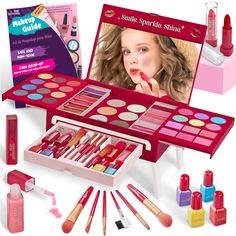 PRICES MAY VARY. ALL-INCLUSIVE COSMETIC SET: This adorable makeup studio for kids gives your little one everything she needs to kickstart her beauty life. Includes a complete array of makeup, from foundation and blush to a vibrant palette of eyeshadow, to an assortment of lipstick and lip gloss, and nail polish. SAFETY FIRST: Have peace of mind knowing our kids’ makeup set uses only kid-friendly, non-toxic ingredients, meeting all safety standards. MESS-FREE and EASY CLEANUP: Enjoy easily washab Kids Makeup Kit, Pretend Makeup, Makeup Kit For Kids, Remove Makeup From Clothes, Princess Kids, Kids Makeup, Pretend Play Toys, Kid Toys, Play Toys