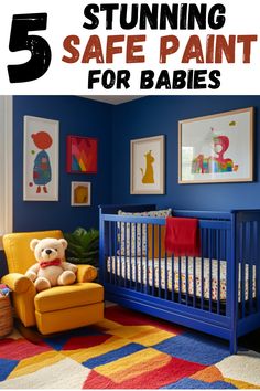 a baby's room with blue walls and yellow furniture, including a teddy bear