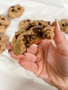 a hand holding up a chocolate chip cookie