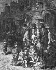 an old illustration of people standing around in the street at night, with one person sitting on the ground