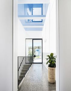 an entry way with a potted plant on the floor and a skylight above it