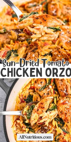 chicken orzoni with sun dried tomatoes and spinach in a skillet