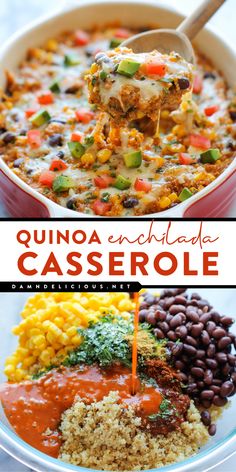 Looking for simple healthy meals? Here's an easy healthy dinner featuring a quinoa casserole! Made with black beans, corn, and more, this quinoa enchilada casserole recipe is full of Mexican-inspired flavors! Quinoa Enchilada Casserole, Quinoa And Black Beans, Quinoa Enchilada, Cheesy Quinoa, Quinoa Bake, Enchiladas Healthy, Quinoa Recipes Easy, Quinoa Recipes Healthy