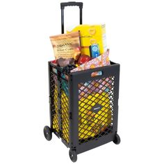 a black shopping cart filled with groceries and other items, including chips or snacks on wheels