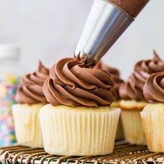 someone is decorating cupcakes with chocolate frosting