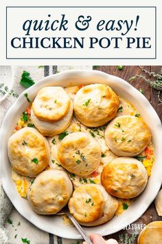 chicken pot pie in a white dish with text overlay