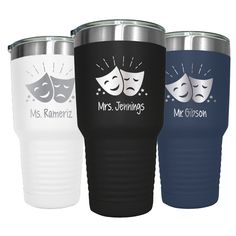 three travel mugs with masks and the words mr & mrs jewings on them