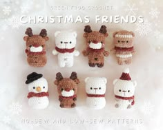 crochet christmas friends with hats and scarfs on white snowflake background