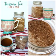 the collage shows different types of tea in jars