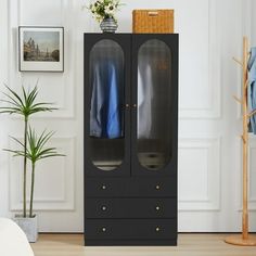 a tall black cabinet with two doors and some plants in the corner next to it