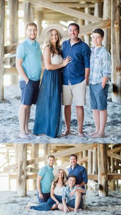 a family poses for their beach photos in front of the ocean and pier at sunset