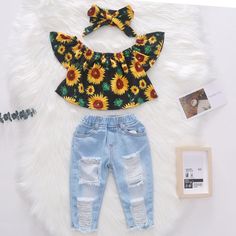 Girls Ripped Jeans, Ripped Pants, Stretch Denim Pants, Toddler Girl Outfit, Sunflower Shirt, Clothes Outfits, Jeans Kids