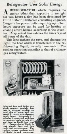 an old advertisement for refrigerators with the words refrigerator use solar energy on it's side