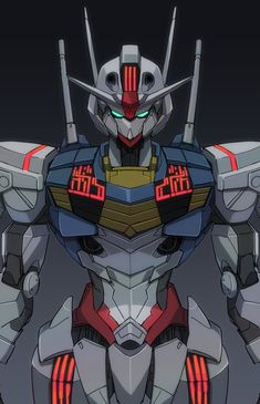 a robot that is standing up in front of a black background with red and blue lights