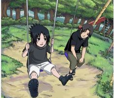 two anime characters swinging on swings in the grass with trees in the backgrouds