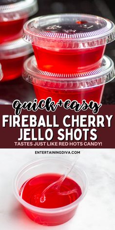 there is a bowl of jello shots on the table with text overlay that reads friday's fireball cherry jello shots