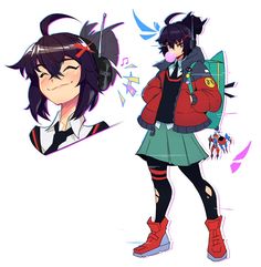 an anime character with headphones and a backpack