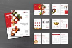 a bunch of brochures that are on top of a blackboard with red and white designs