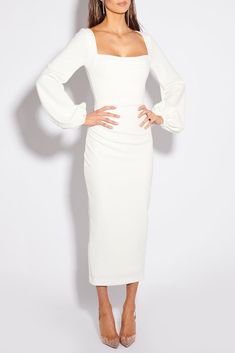 Mariposa Dress - Ivory Elegant Midi Dresses White, Long Sleeve Midi Dress Wedding, White Dress For Godmother, Elegant Luxury Dress For Confirmation, Simple White Wedding Dress With Sleeves Rehearsal Dinners, Luxury White Puff Sleeve Dress, White Long Sleeve Dresses Midi, Luxury White Elegant Puff Sleeve Dress, Midi Long Sleeve Bridal Dress