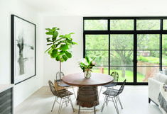 a dining room table with chairs and a potted plant in front of the window