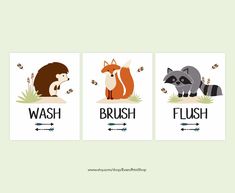 three bathroom signs with animals and the words wash, brush, and fly on them