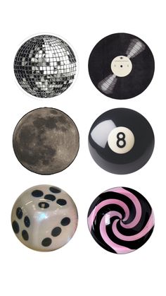 eight ball and disco balls are arranged on a white background