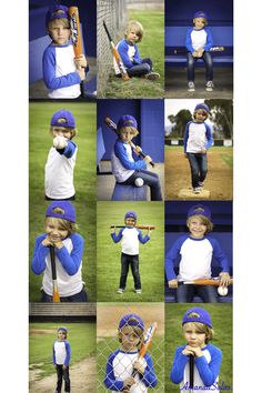 a collage of photos shows a young boy in blue and white baseball uniforms holding a bat