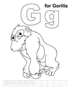 the letter g is for gorilla coloring page with an image of a monkey and its name