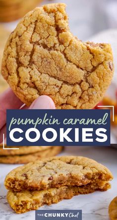 pumpkin caramel cookies stacked on top of each other with text overlay that reads, pumpkin caramel cookies