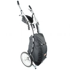 the stroller has two wheels and is attached to it's back end with an umbrella