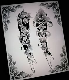 two black and white tattoos on the back of their legs, one with an intricate design