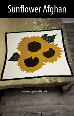 Crochet afghan featuring three large sunflowers on a white background with green leaves. Sunflower Afghan Pattern, Sunflower Afghan, Tunisian Simple Stitch, Afghan Crochet Pattern, Simple Stitch, Crochet Blanket Pattern, Crochet Sunflower, Afghan Crochet, Crochet Home Decor