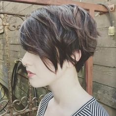 Wavy Brunette Pixie with Fringe