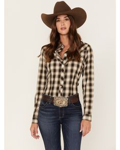 Stetson Women's Plaid Print Long Sleeve Pearl Snap Western Shirt, Olive Womens Western Tops, 2023 Gift Ideas, Cowgirl Photoshoot, Texas Hold Em, Trick Riding, Cowboy Outfit, Fall Apparel, Western Boutique, Cowboy Outfits