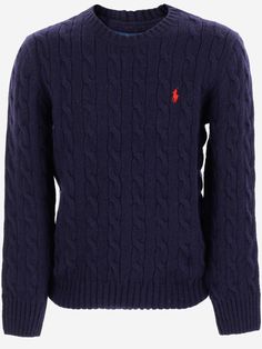 Jumper made of wool and cashmere Plaited motif Crew neck Embroidered logo on chest in contrasting colour Long sleeves Ribbed edges Regular fit Blue Made in Turkey Composition: 90% wool, 10% cashmere Designer Ralph Lauren, Best Blazer, Rick Owens Jacket, Versace Sweatshirt, Ralph Lauren Logo, Versace Shirt, Italian Outfits, Kenzo Kids, Prada Leather