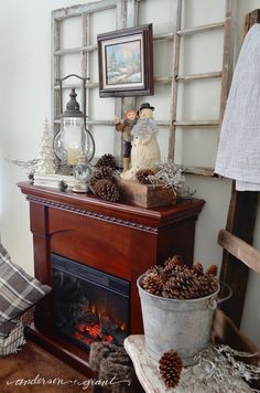 a fireplace with pine cones and other decorations