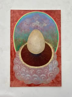 a painting with an egg sitting on top of it's shell in front of a red background