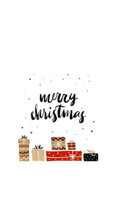 a christmas card with presents on it and the words merry christmas written in black ink