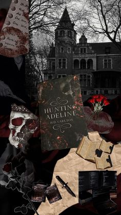 a collage of books and other items in black and white with red flowers on them