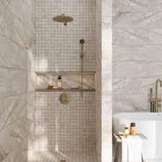 a bath room with a tub and a shower head mounted to the side of a wall